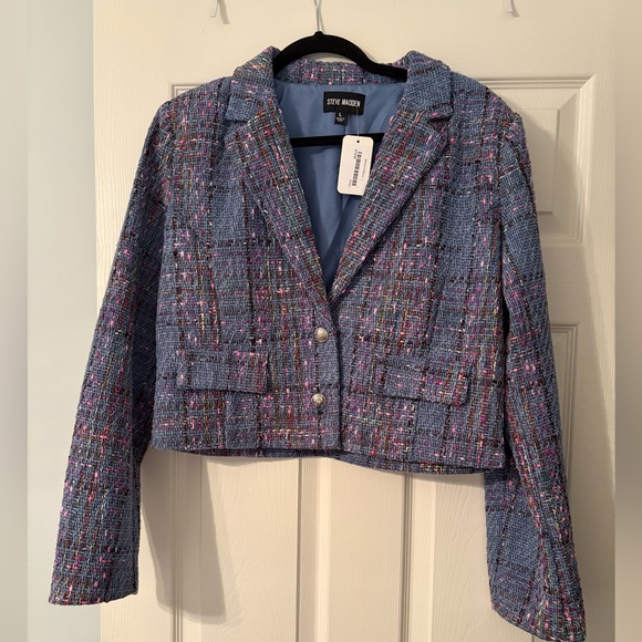Steve Madden Seraphine Blazer in Blue Multi Blue Tweed Jacket Size L NWT - Picture 4 of 9